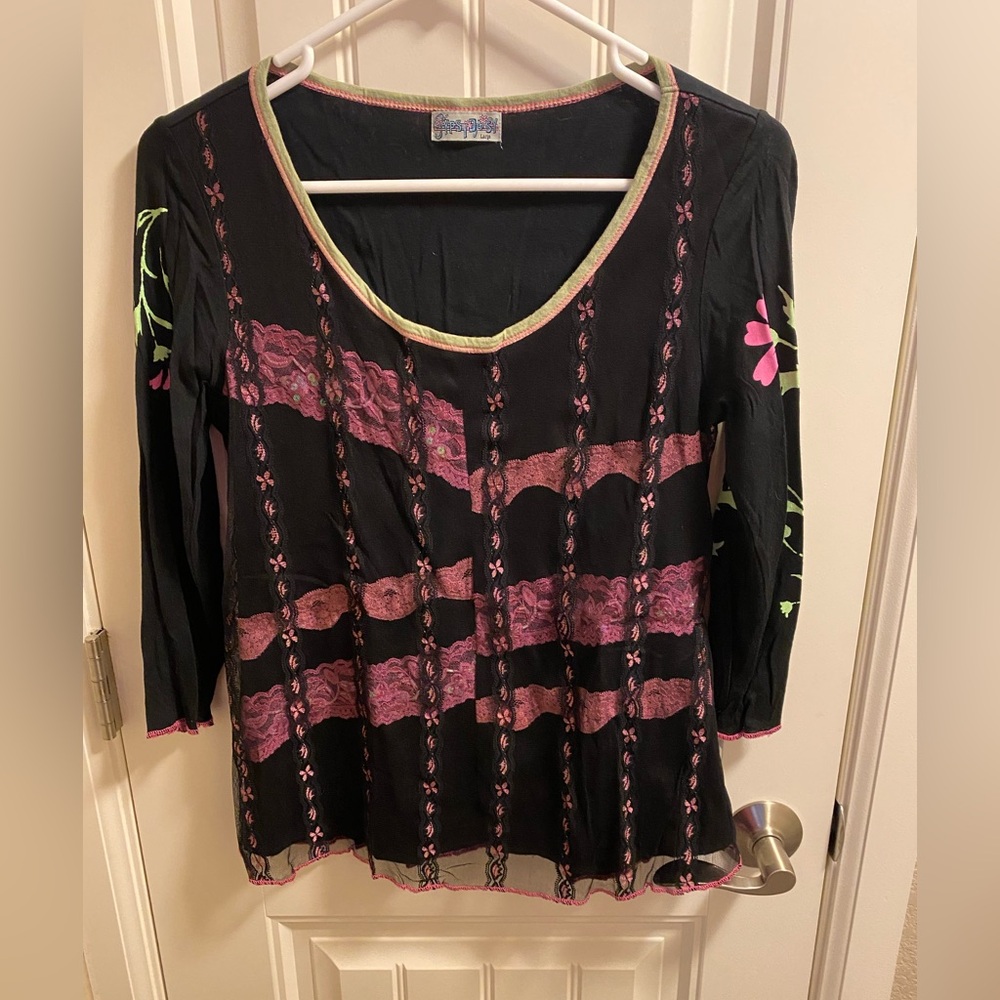 Vintage Juniors Gypsy Daisy L Top Black Floral Blouse Pink Trim Bead Accents Lg